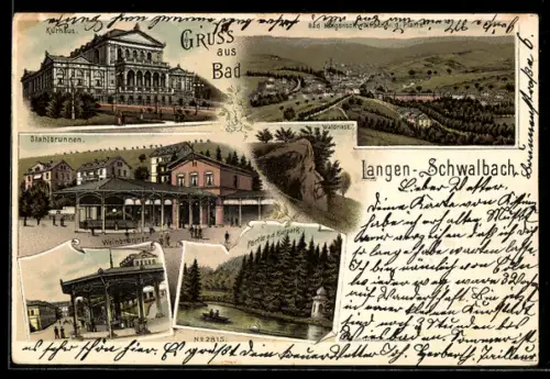 Lithographie Bad Langenschwalbach, Kurhaus, Stahlbrunnen, Waldriese