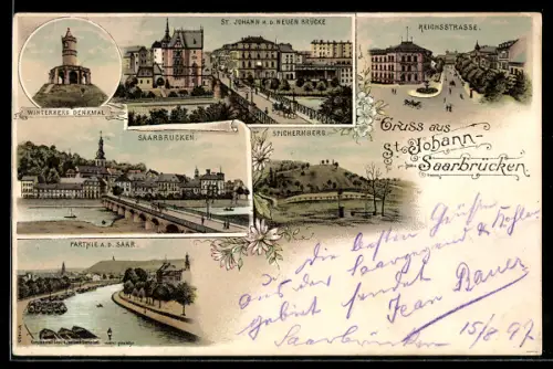 Lithographie Saarbrücken-St. Johann, Winterberg Denkmal, Reichsstrasse und Partie an der Saar