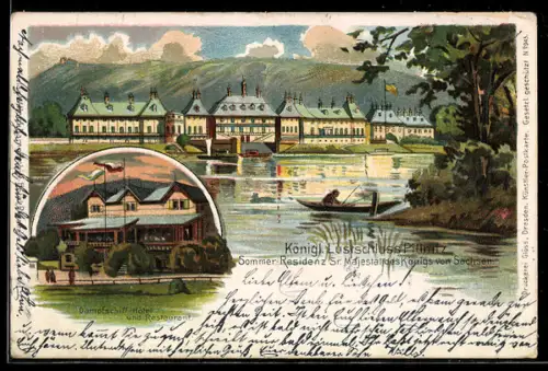 Lithographie Pillnitz, Dampfschiff-Hotel und Restaurant, Königliches Lustschloss, Sommer-Residenz des Königs von Sachsen