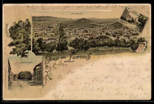 Lithographie Lörrach, Gesamtansicht, Marktplatz, Untere Baslerstrasse