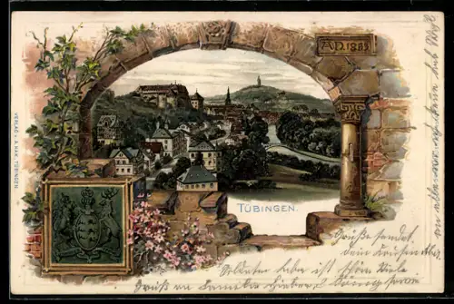 Passepartout-Lithographie Tübingen, Ortsansicht mit altem Gemäuser & Wappen