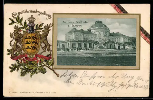 Passepartout-Lithographie Solitude b. Stuttgart, Schloss Solitude, Wappen Württemberg