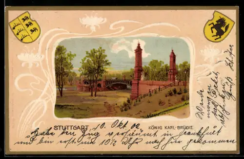 Passepartout-Lithographie Stuttgart, König Karl-Brücke, Wappen