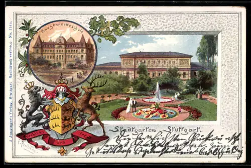 Passepartout-Lithographie Stuttgart, Partie im Stadtgarten, Baugewerkeschule, Wappen