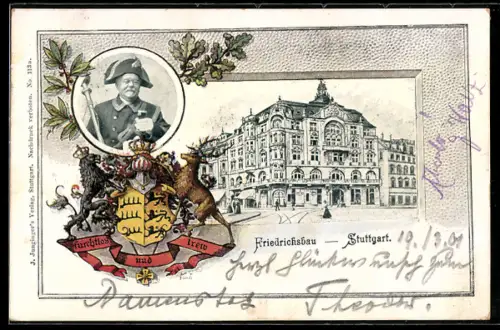 Passepartout-Lithographie Stuttgart, Friedrichsbau, Portrait, Wappen