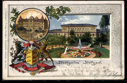 Passepartout-Lithographie Stuttgart, Partie im Stadtgarten, Baugewerkeschule, Wappen