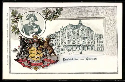 Passepartout-Lithographie Stuttgart, Friedrichsbau, Portrait, Wappen