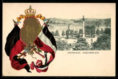 Passepartout-Lithographie Stuttgart, Schlossplatz, Portrait Kaiser Wilhelm II.