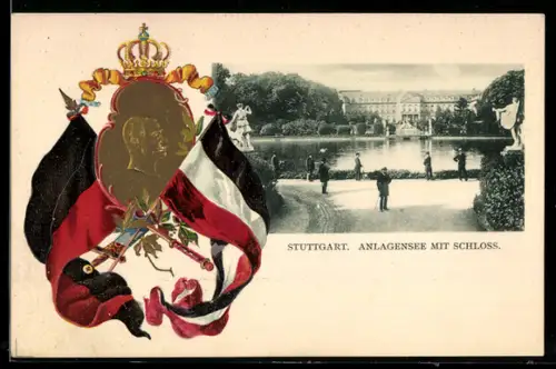 Passepartout-Lithographie Stuttgart, Anlagensee mit Schloss