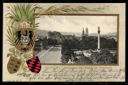 Passepartout-Lithographie Stuttgart, Schlossplatz, altes Schloss und Stiftskirche, Wappen