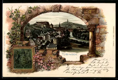 Passepartout-Lithographie Tübingen, Ortsansicht mit altem Gemäuser & Wappen