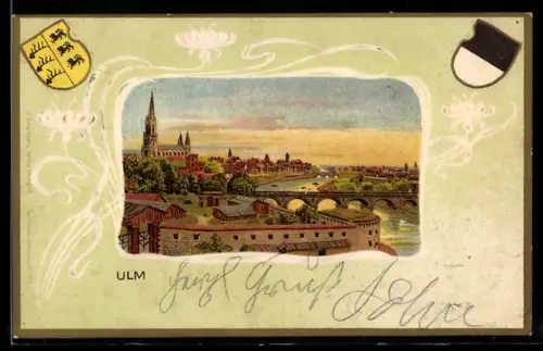 Passepartout-Lithographie Ulm, Teilansicht mit Brücke, Wappen