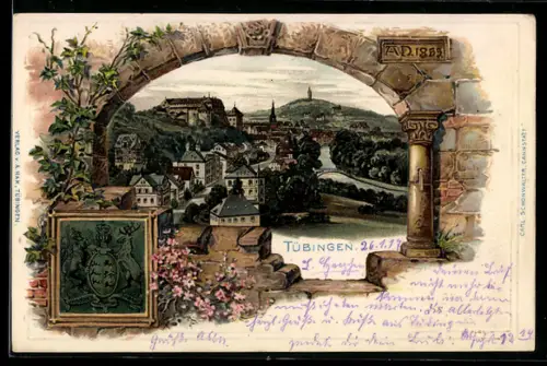 Passepartout-Lithographie Tübingen, Ortsansicht mit altem Gemäuser & Wappen