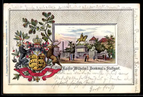 Passepartout-Lithographie Stuttgart, Kaiser Wilhelm I. Denkmal, Wappen und Eichenzweig