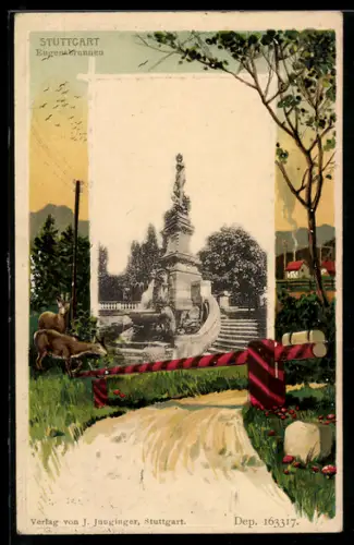 Passepartout-Lithographie Stuttgart, Eugensbrunnen, Schlagbaum