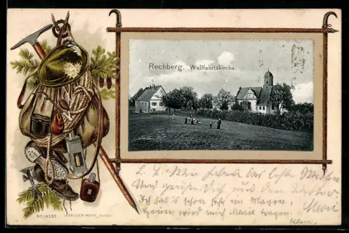 Passepartout-Lithographie Rechberg, Blick auf die Wallfahrtskirche, Wanderutensilien