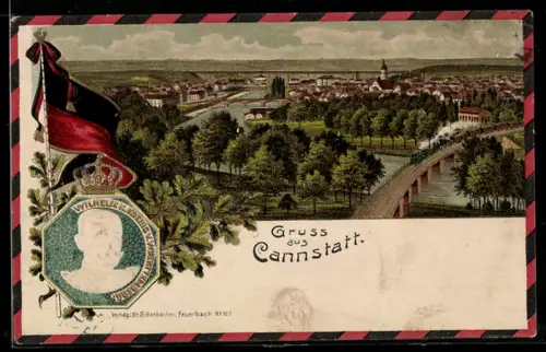 Lithographie Cannstatt, Ortsansicht, Porträt Wilhelm II. König von Württemberg, Flagge
