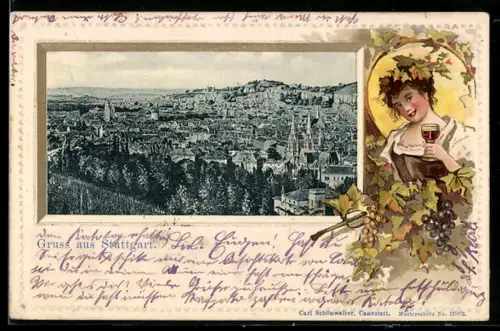 Passepartout-Lithographie Stuttgart, Panorama, Frau in Weintraubensträuchern mit Wein