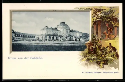 Passepartout-Lithographie Stuttgart, Schloss Solitude, Rehe, Rebhuhn