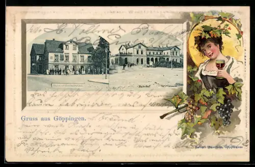 Passepartout-Lithographie Göppingen, Bahnhof, Bahnhof-Restauration, Weinkönigin