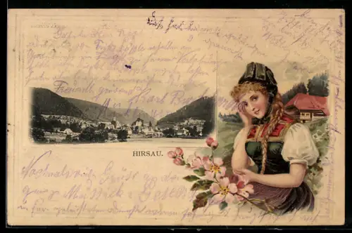 Passepartout-Lithographie Hirsau, Ortsansicht mit den Anhöhen, junge Frau in Tracht