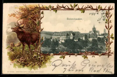 Passepartout-Lithographie Bebenhausen, Ortsansicht mit Kirche, röhrender Hirsch