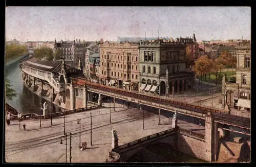 AK Berlin-Kreuzberg, Hallesches Tor, Brücke, Stadtansicht, Uferbebauung