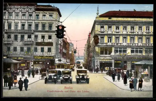 AK Berlin, Friedrichstrasse und Unter den Linden, Café Restaurant, Strassenverkehr