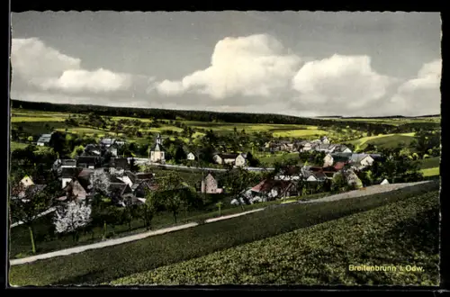 AK Breitenbrunn i. Odw., Ortsansicht mit Kirche und umliegender Landschaft