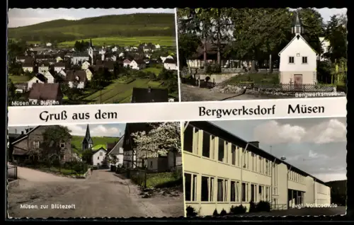 AK Müsen /Siegen, Bergwerksmuseum, evgl. Volksschule, Ortsansicht