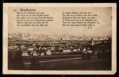 AK Kaufbeuren, Stadtansicht mit Kirchturm und Alpenblick