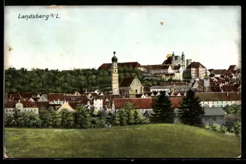 AK Landsberg a. L., Ortsansicht mit Kirche und Turm