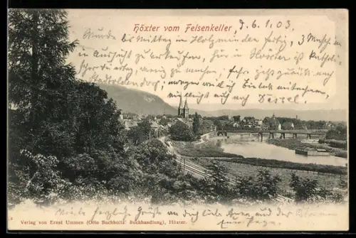 AK Höxter, Blick vom Felsenkeller, Stadtansicht mit Kirche und Brücke
