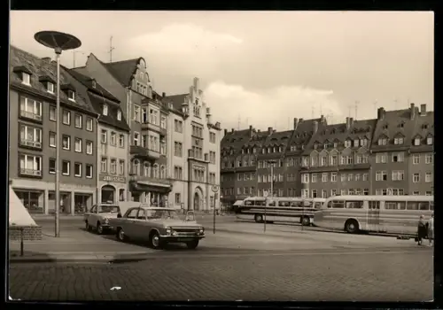 AK Mittweida /Hainichen, Markt, historische Gebäude, Autos, Omnibusse