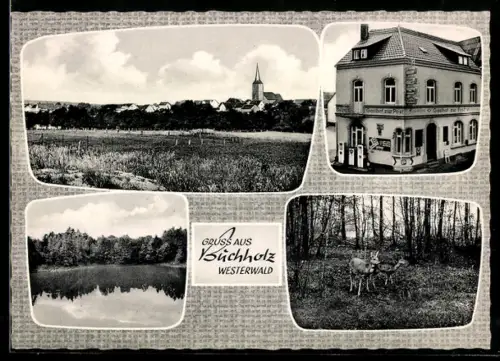 AK Buchholz /Westerwald, Kirche, Gasthof Zur Post Inh. Toni Melzer und Sohn, Teich, Waldansicht
