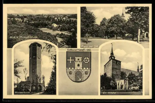 AK Varel i. Old., Aussichtsturm, Platz der SA, Wasserturm, ev. Kirche