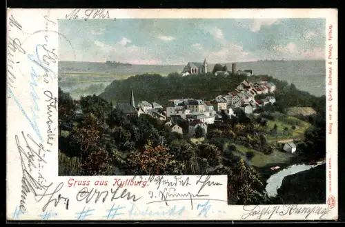AK Kyllburg, Gesamtansicht mit Kirche und Burgruine
