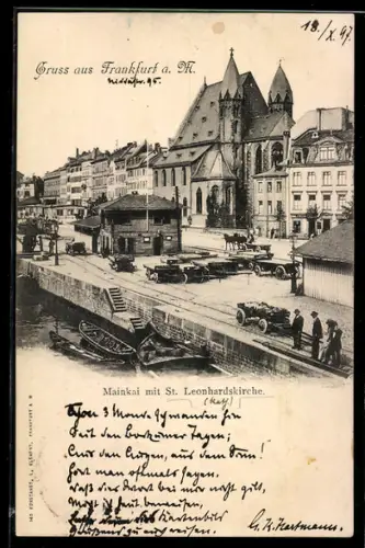 AK Alt-Frankfurt, Ansicht vom Mainkai mit St. Leonhardskirche