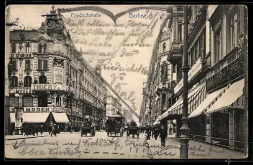 AK Berlin, Friedrichstrasse, Strassenszene mit Geschäften und Passanten