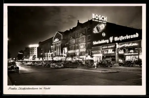 AK Berlin-Charlottenburg, Kurfürstendamm bei Nacht, Hotel am Zoo, Bosch-Werbung, Scharlachberg Meisterbrand