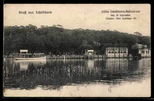 AK Berlin-Grunewald, Schildhorn, Erstes Schildhorn-Restaurant, Inh. A. Schroeder, Uferansicht