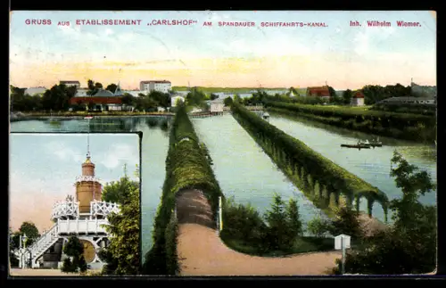 AK Spandau, Gaststätte Carlshof am Spandauer Schifffahrts-Kanal, Inh. Wilhelm Wiemer, Panorama, Turm