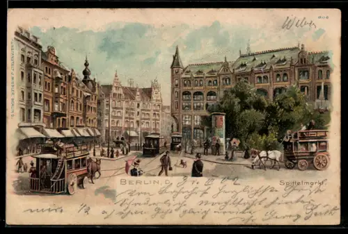 Lithographie Berlin, Spittelmarkt, Strassenbahn, Pferdeomnibus, Panorama