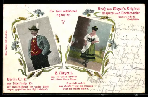 AK Berlin, Gaststätte Meyerei und Dorfschänke Meyer, Jägerstrasse 13, Agrarier in Tracht