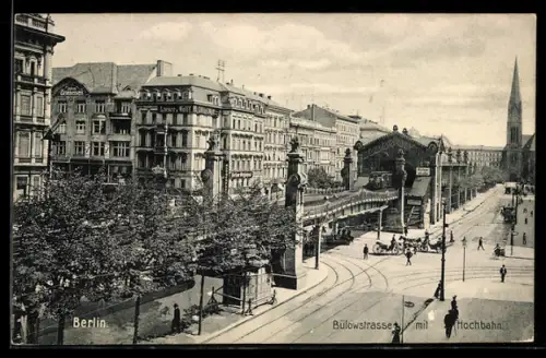 AK Berlin-Schöneberg, Bülowstrasse mit Hochbahn u. Kirche aus der Vogelschau