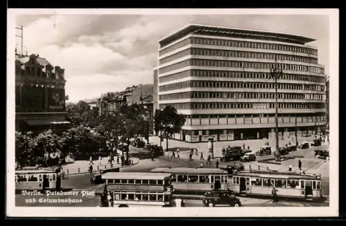 AK Berlin-Tiergarten, Potsdamer Platz, Columbushaus, Strassenbahnen