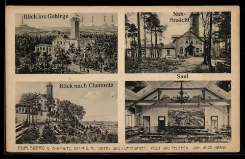 AK Adelsberg b. Chemnitz, Hotel und Blick ins Gebirge, Blick nach Chemnitz, Saal