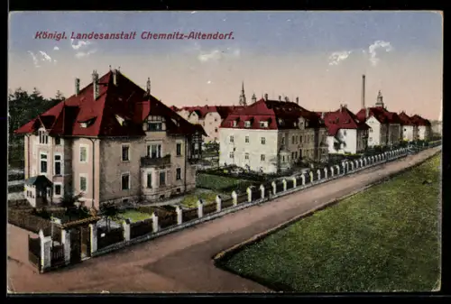 Lithographie Chemnitz-Altendorf, Königl. Landesanstalt aus der Vogelschau, Strassenpartie