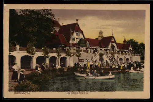 AK Dortmund, Steinerne Brücke mit Gebäudepanorama u. Bootspartie