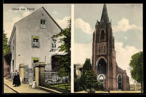 AK Plaidt, Wohnhaus mit Bewohnerin, Kirche